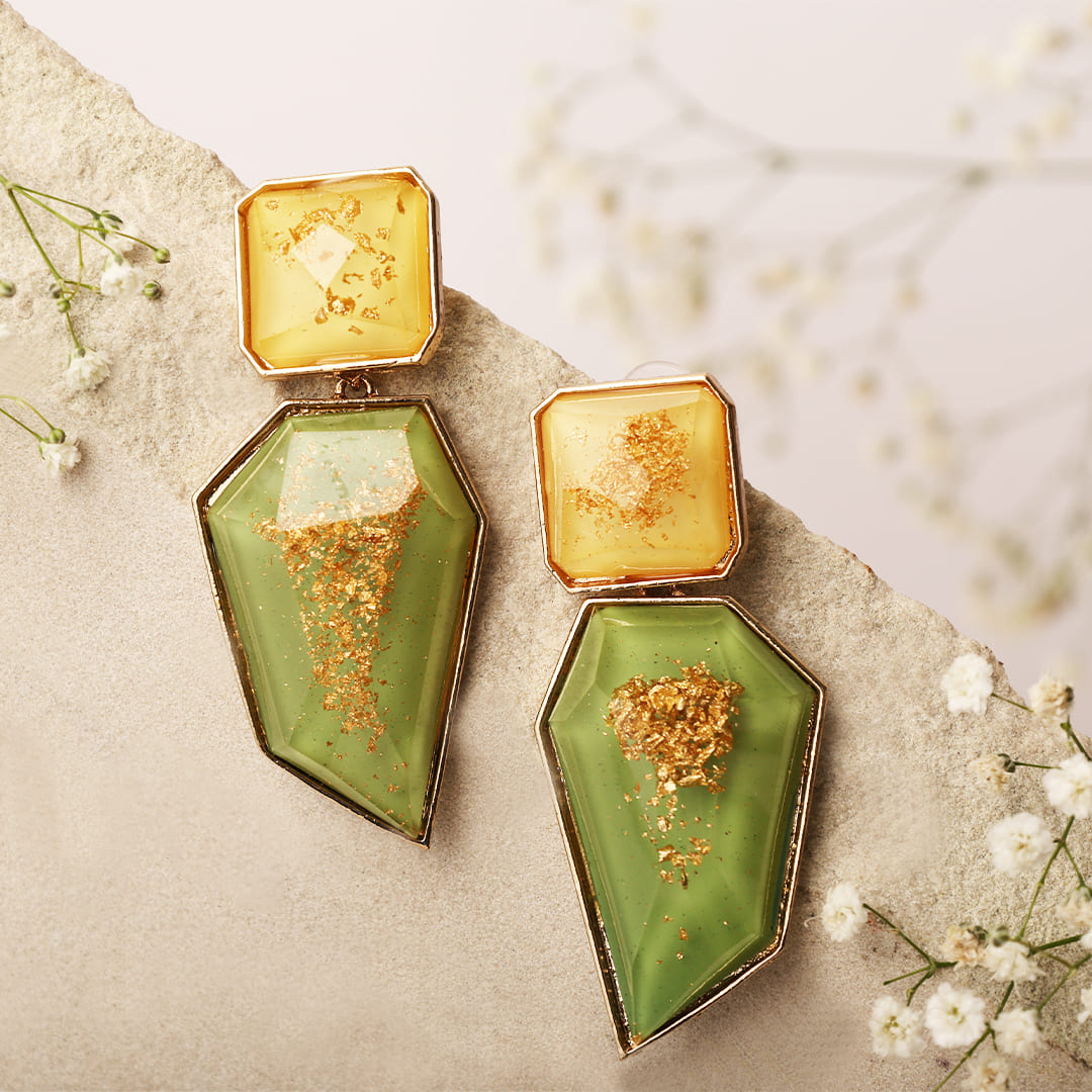 Golden Glow Green Geometric Resin Earrings - Image 6