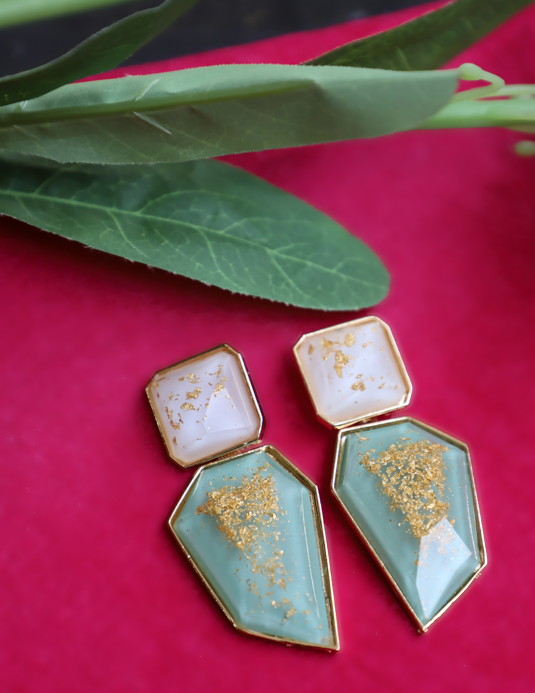 Golden Glow Green Geometric Resin Earrings - Image 5