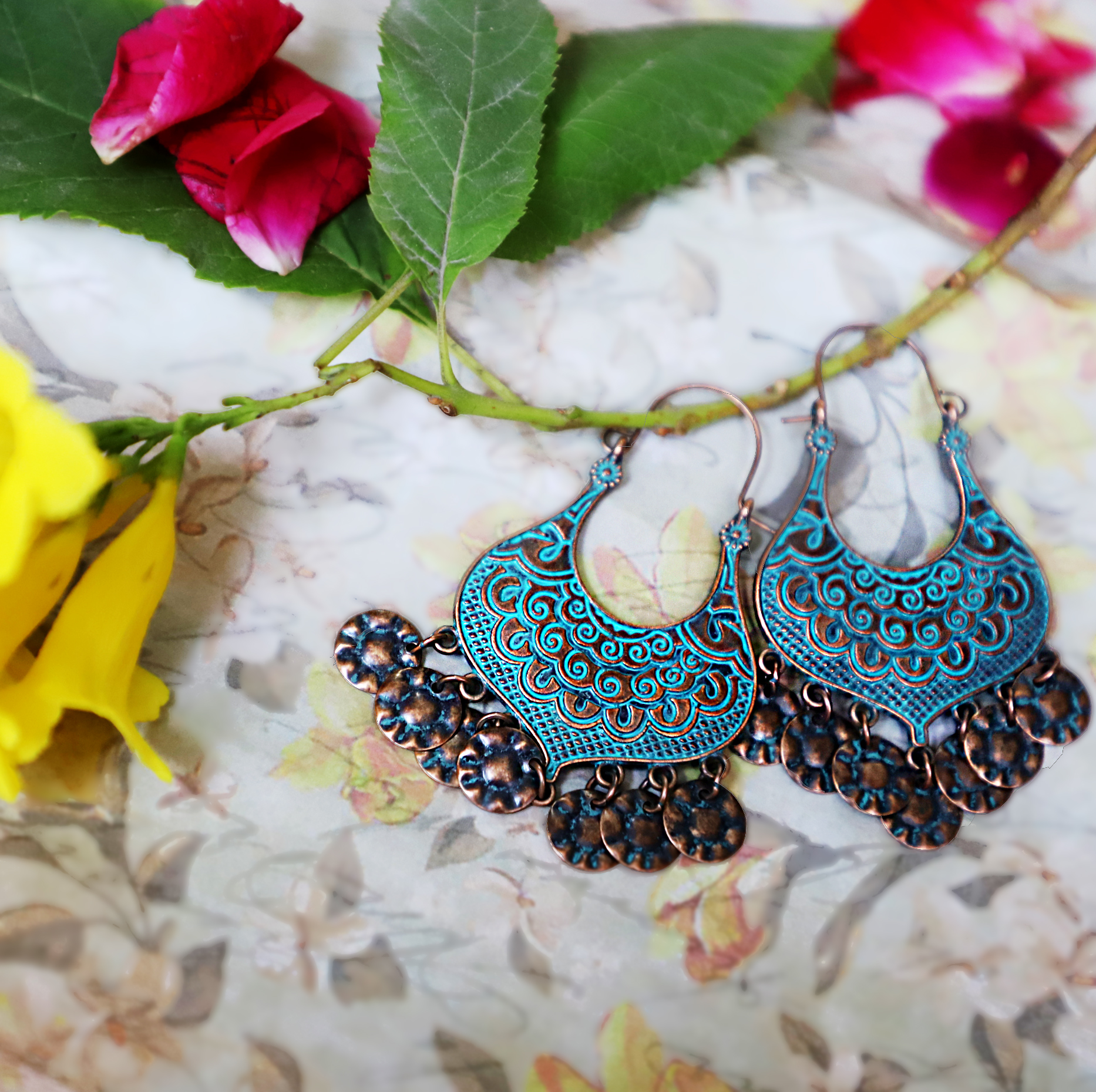 Vintage Boho Crescent Dangler Earrings – Antique Charm with a Touch of Turquoise